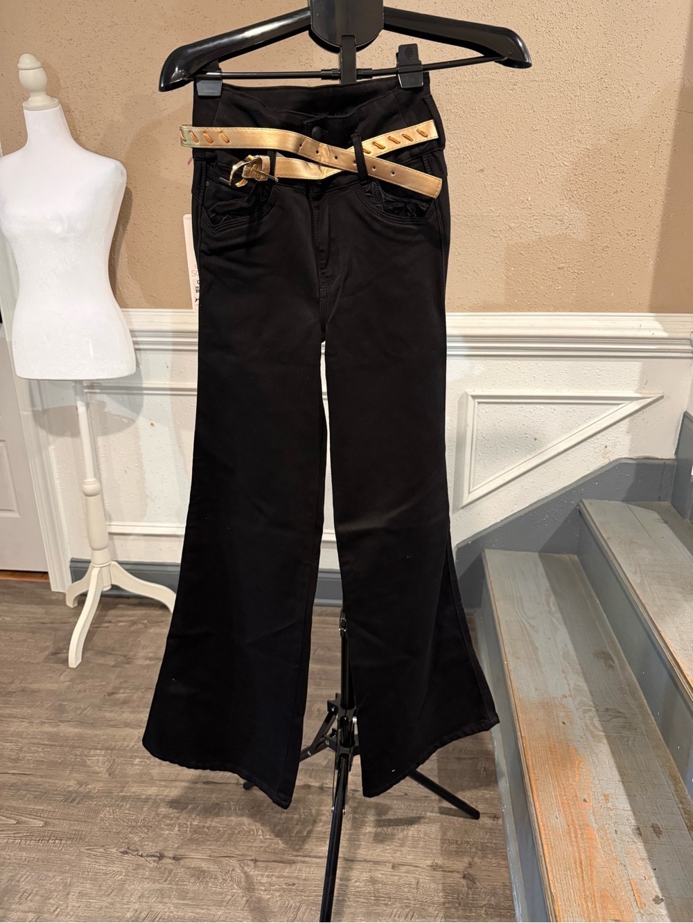 Colombian Black Flare Jeans with Gold Belt